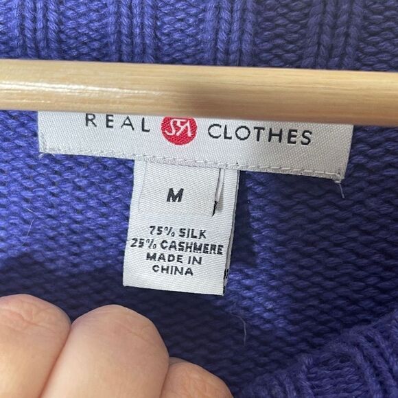 Real Clothes Sweater Women's Medium Blue Cable Knit Silk Cashmere Bland Saks 5th - Picture 3 of 9